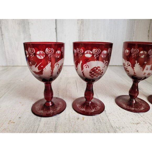 Egermann red cup Bohemian etched glass set collectible vintage - Picture 3 of 13